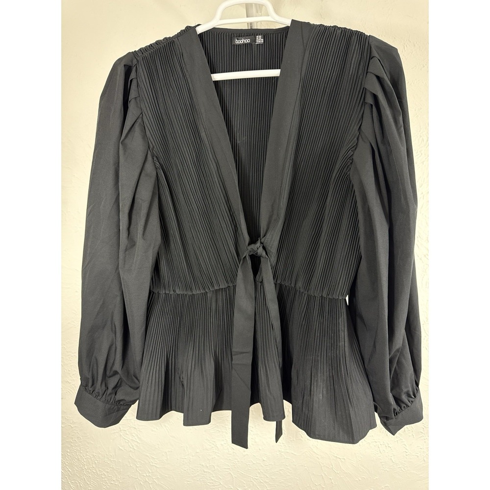 Boohoo Blouse Size 18 Black Pleated Plunge V-Neck Peplum Elegant Classic Party